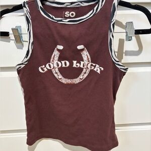 SO Maroon - Brown Tank Top with Good Luck Print and Zebra Trim